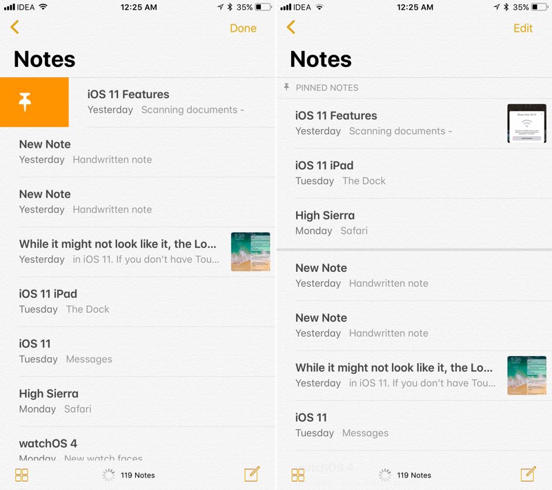 iOS 11 notes pin notes