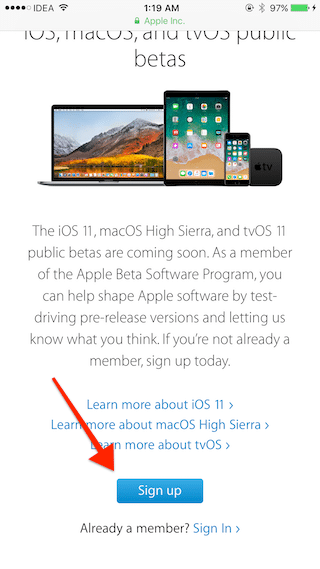 sign up for ios public beta 2
