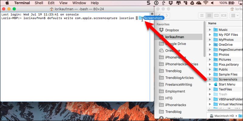 Drag the folder from the Finder window to the command in Terminal