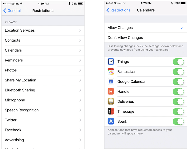 iPhone Privacy Calendar Restrictions
