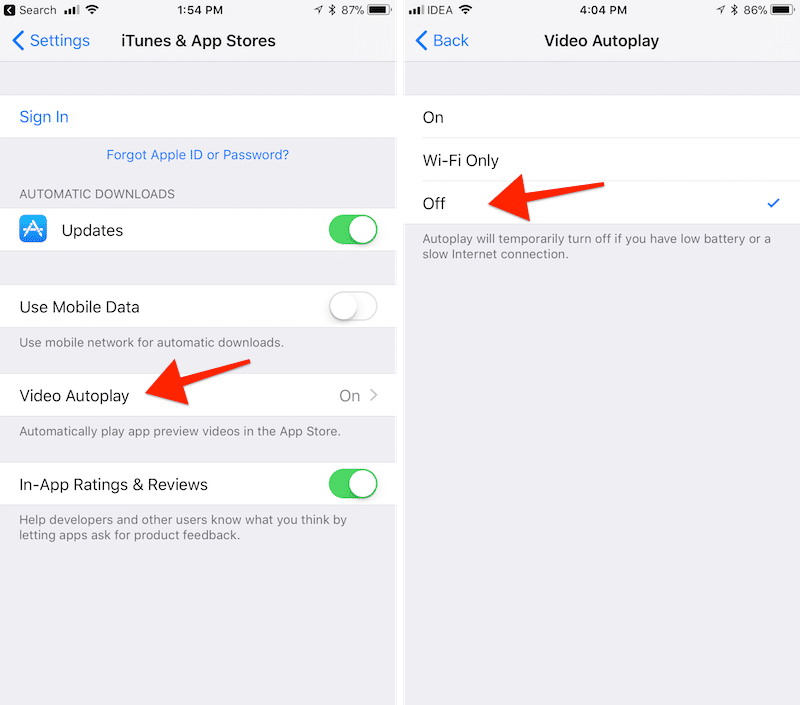 disable auto play App Store ios 11 1