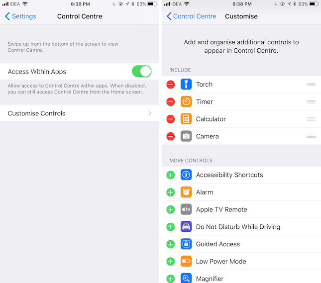 iOS 11 New Settings Customize Control Center