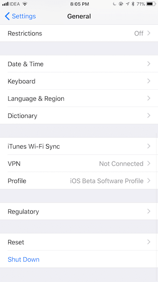 iOS 11 New Settings Shut Down button in General