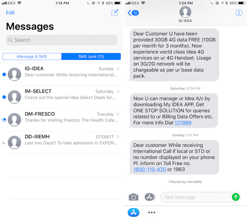 iOS 11 Block SMS Spam VeroSMS 5