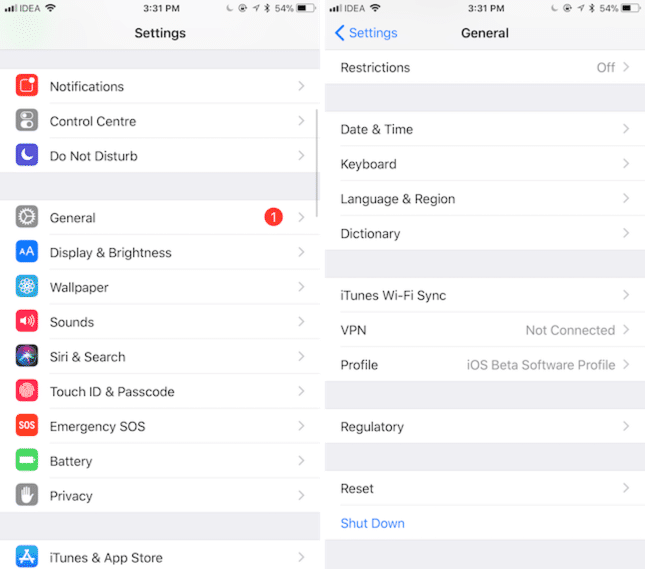 iPhone X Shut Down from Settings