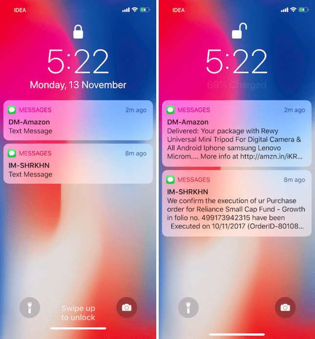 iPhone X Notification Previews Hidden and Exposed