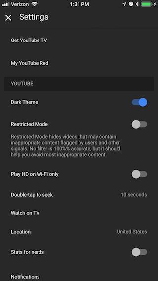 YouTube iPhone Dark Mode 1