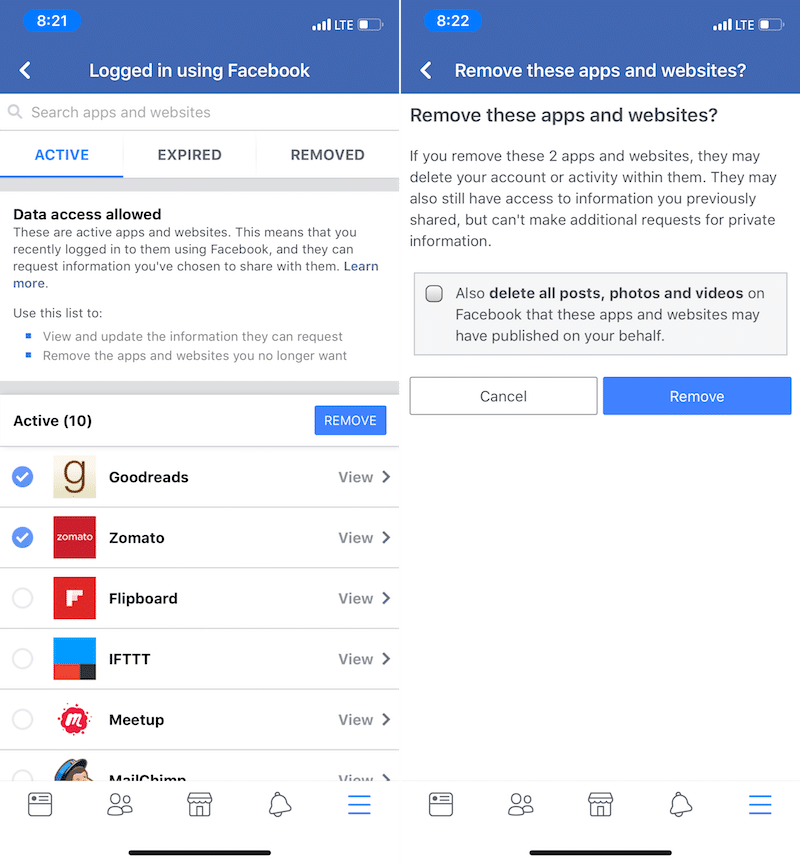 Facebook Remove Apps iPhone App