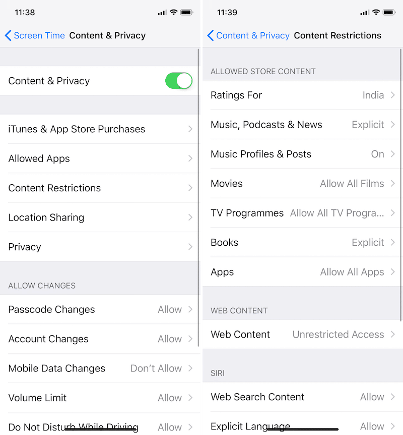 iOS 12 Content and Privacy Settings