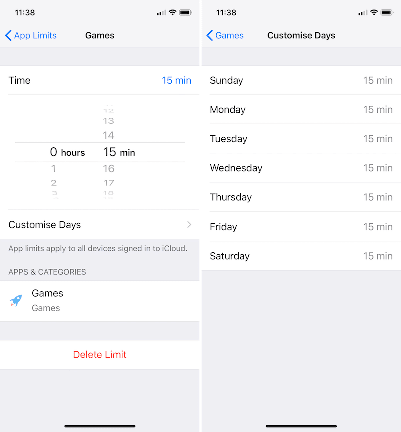 iOS 12 Settings App Limits Customize