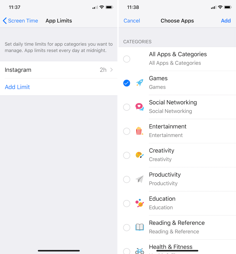 iOS 12 Settings App Limits