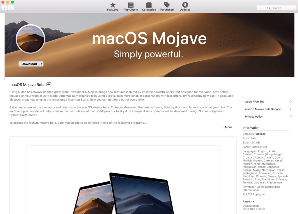 macOS Mojave Public beta listing