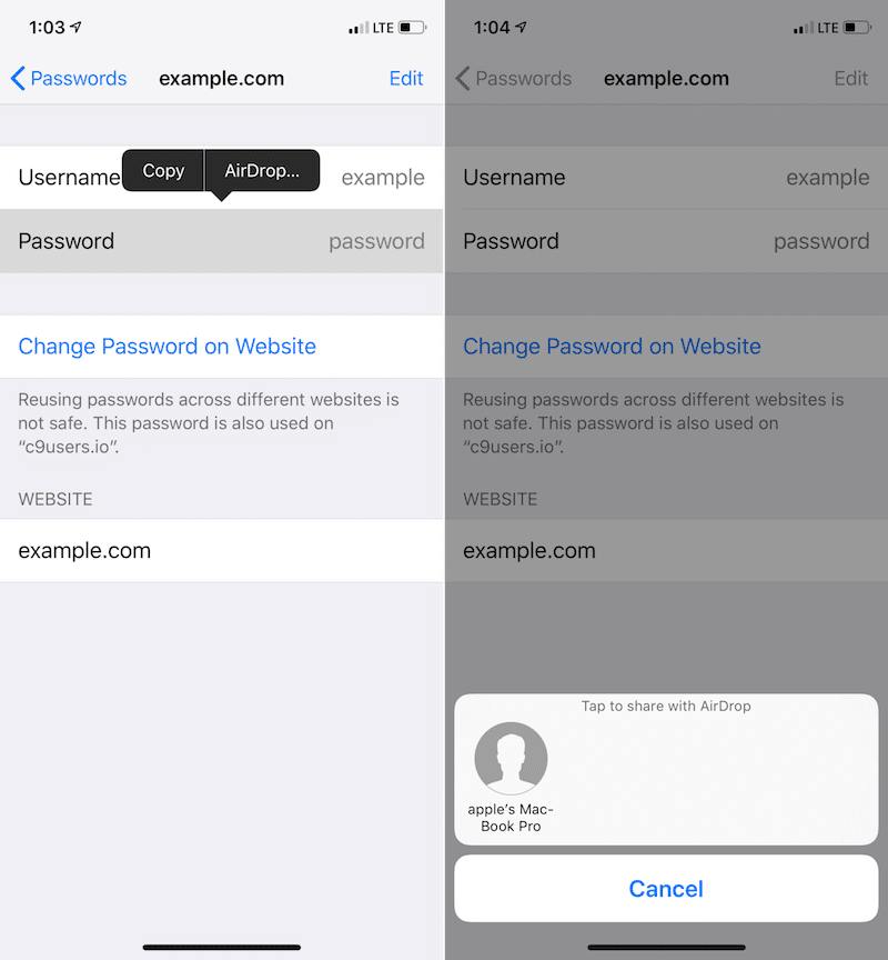 iOS 12 AirDrop Share Password 2