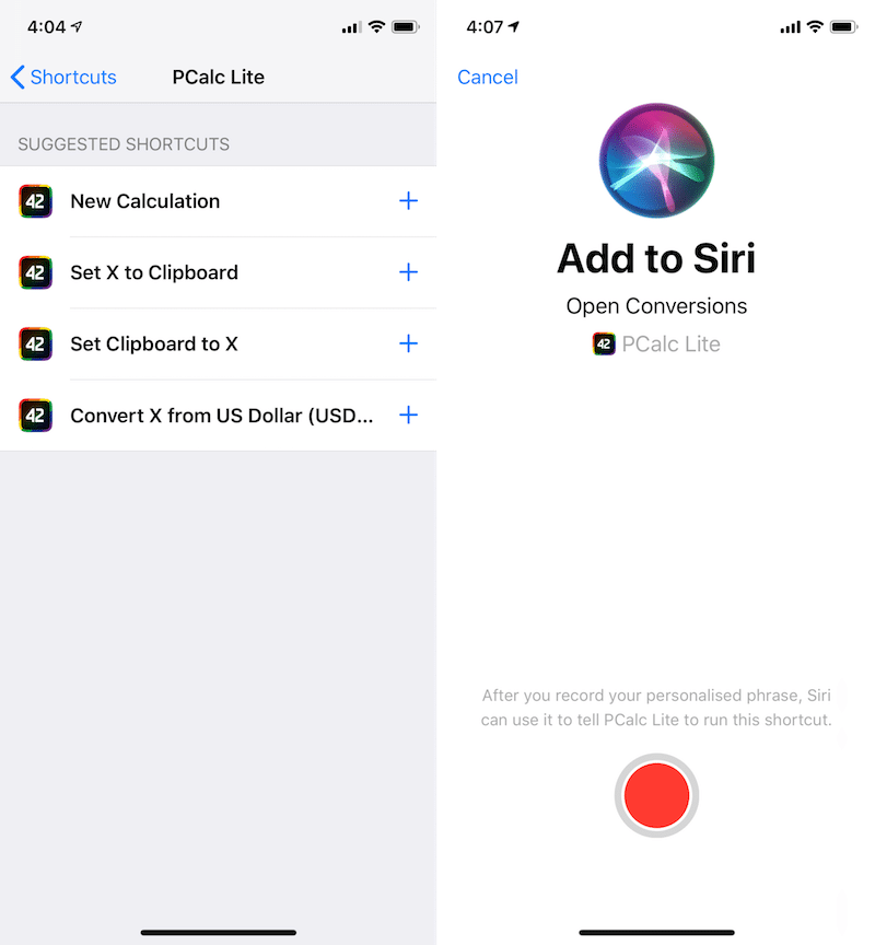 PCalc iOS 12 Siri Shortcuts