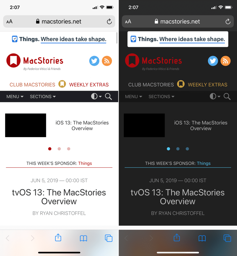 iOS 13 Dark Mode Websites in Safari