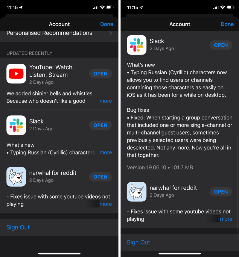 iOS 13 Updates in Accounts Tab