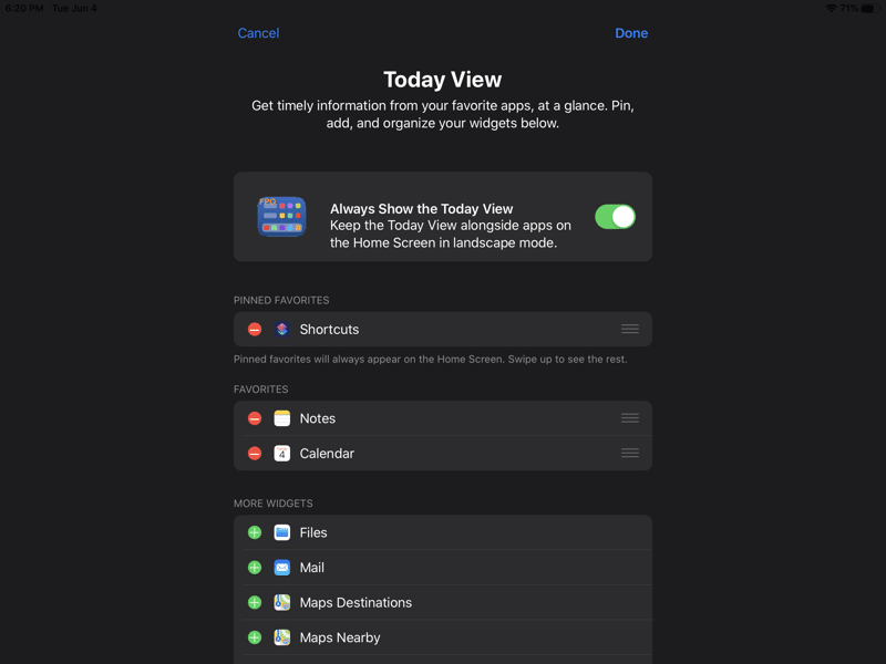 iPadOS 13 Today Widgets Edit View