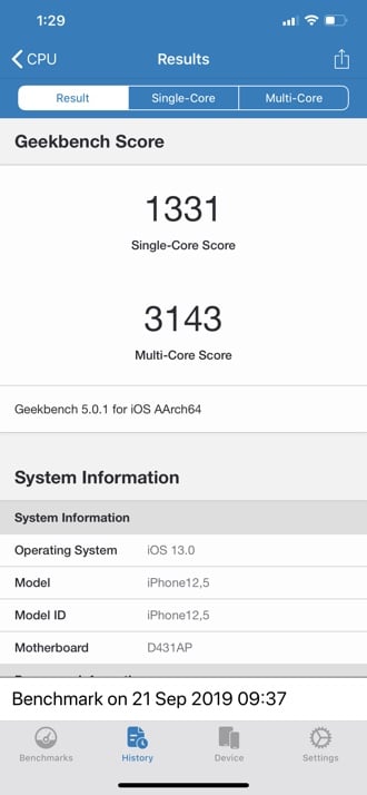 iPhone 11 Pro Max Geekbench 5 - Single-core & Multi-core score