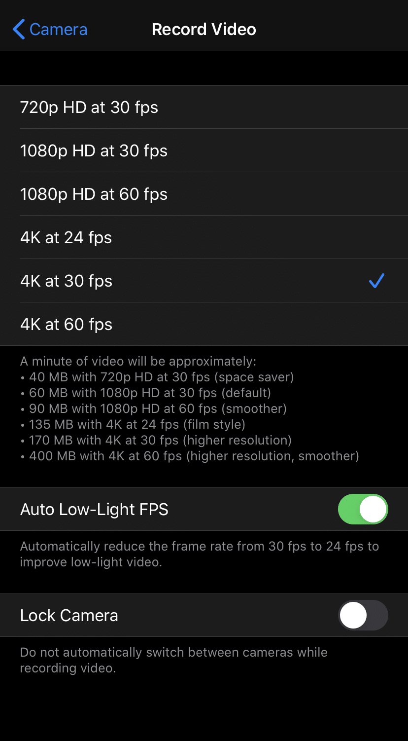 iPhone 11 4K Video Recording Setting