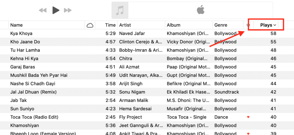 Music App Songs Section On MacOS Sorted By Plays