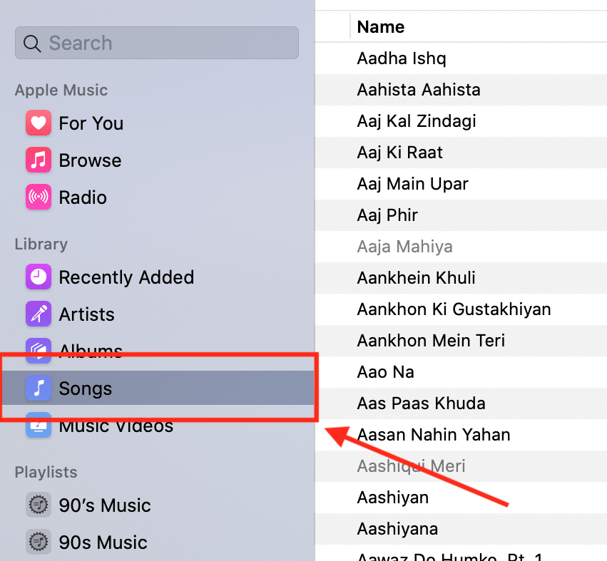 Music App Songs Section On MacOS