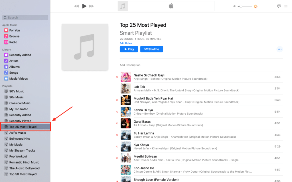 Top 25 Most Playing Music On Music App On MacOS