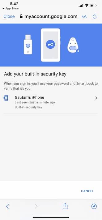 iPhone - Google Security Key - Add