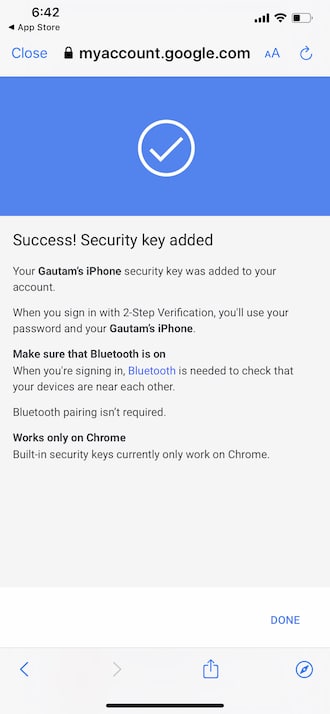 iPhone - Google Security Key - Success