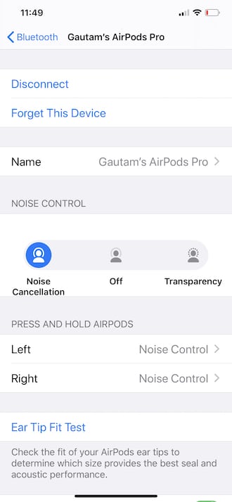 iPhone - Settings - AirPods - Noise Cancellation & Transparency Modes