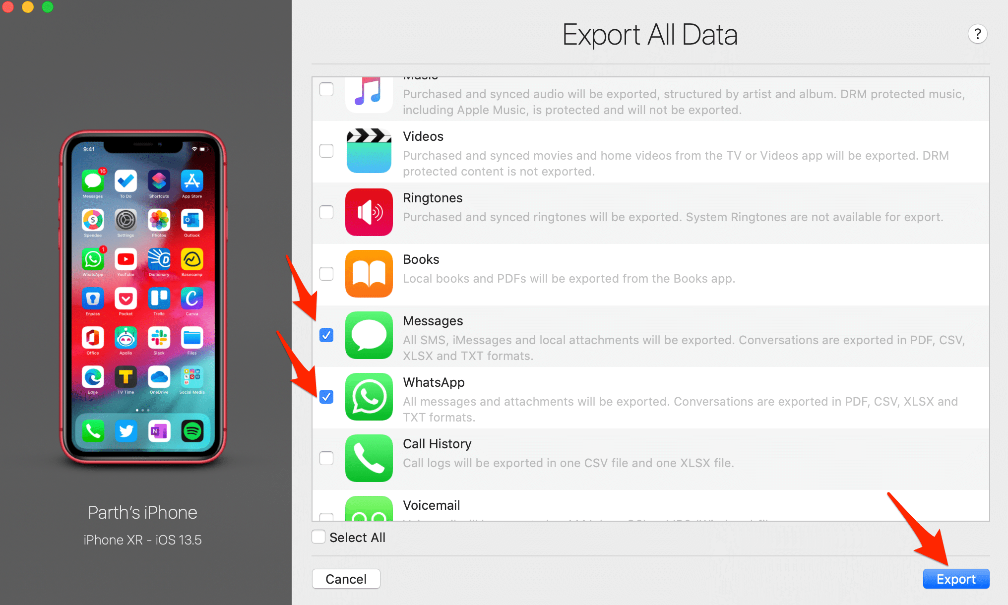 iPhone selective data export