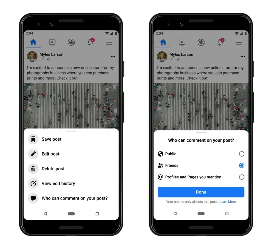 facebook control over comments