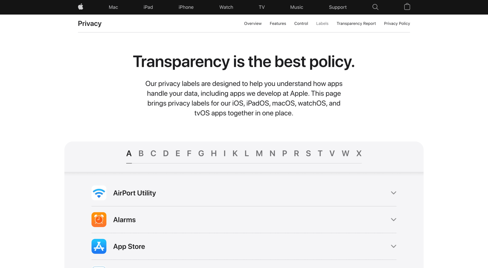 apple privacy labels website