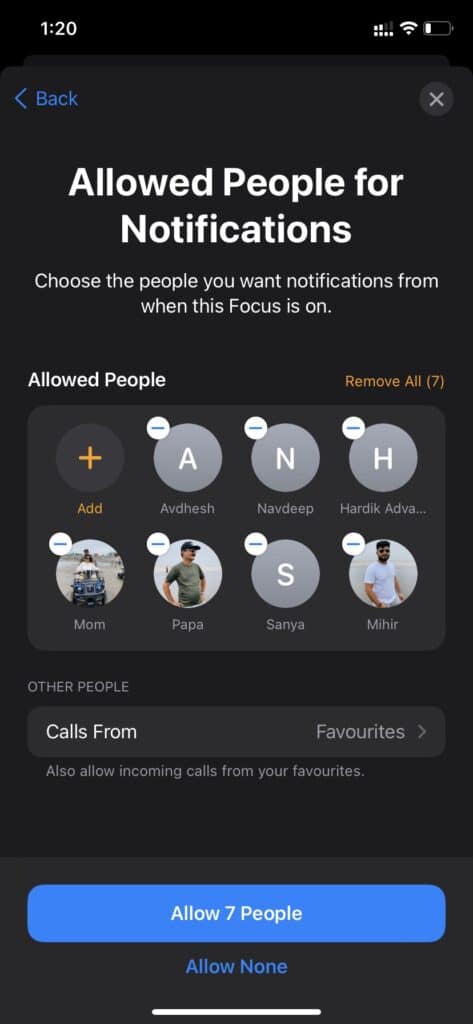 allowed contacts in focus