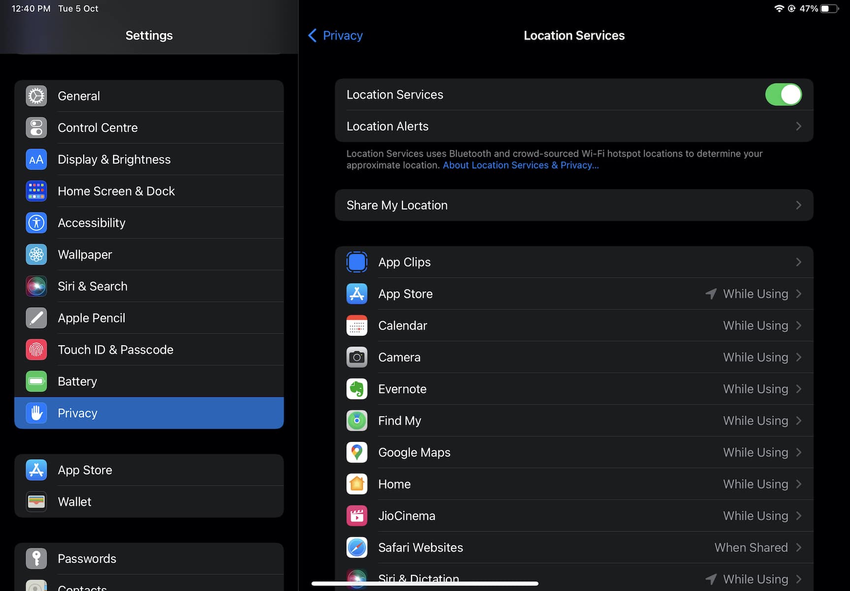 Disable location services on iPad mini