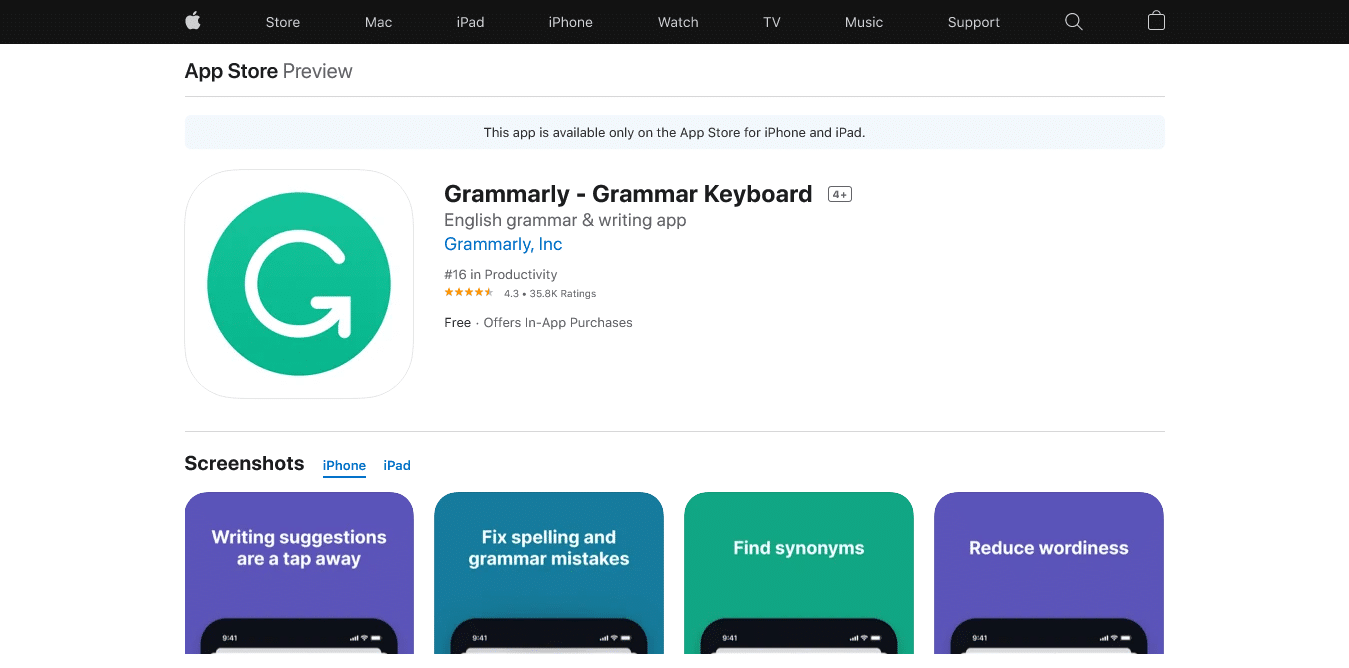 Grammarly Safari extension for iPhone and iPad