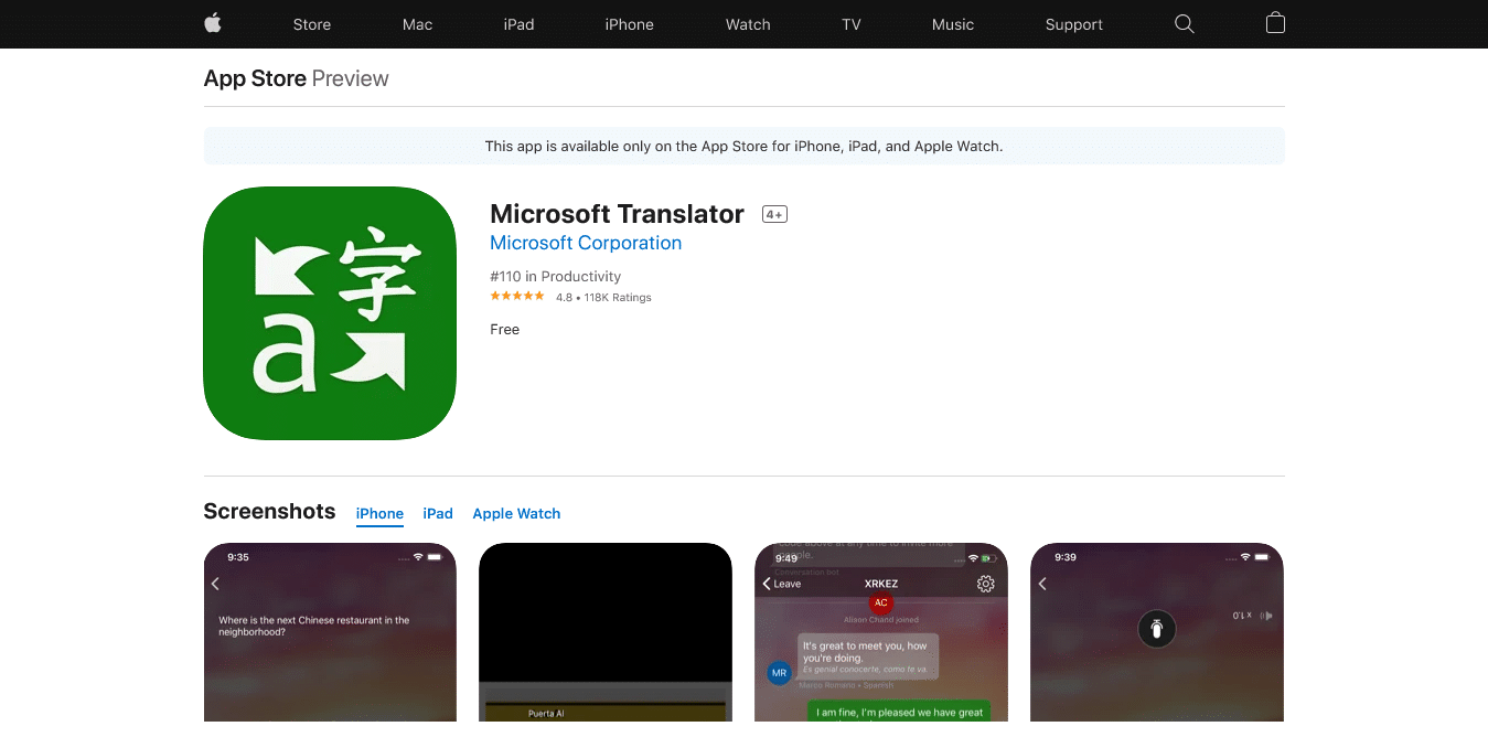 Microsoft Translator Safari extension for iPhone
