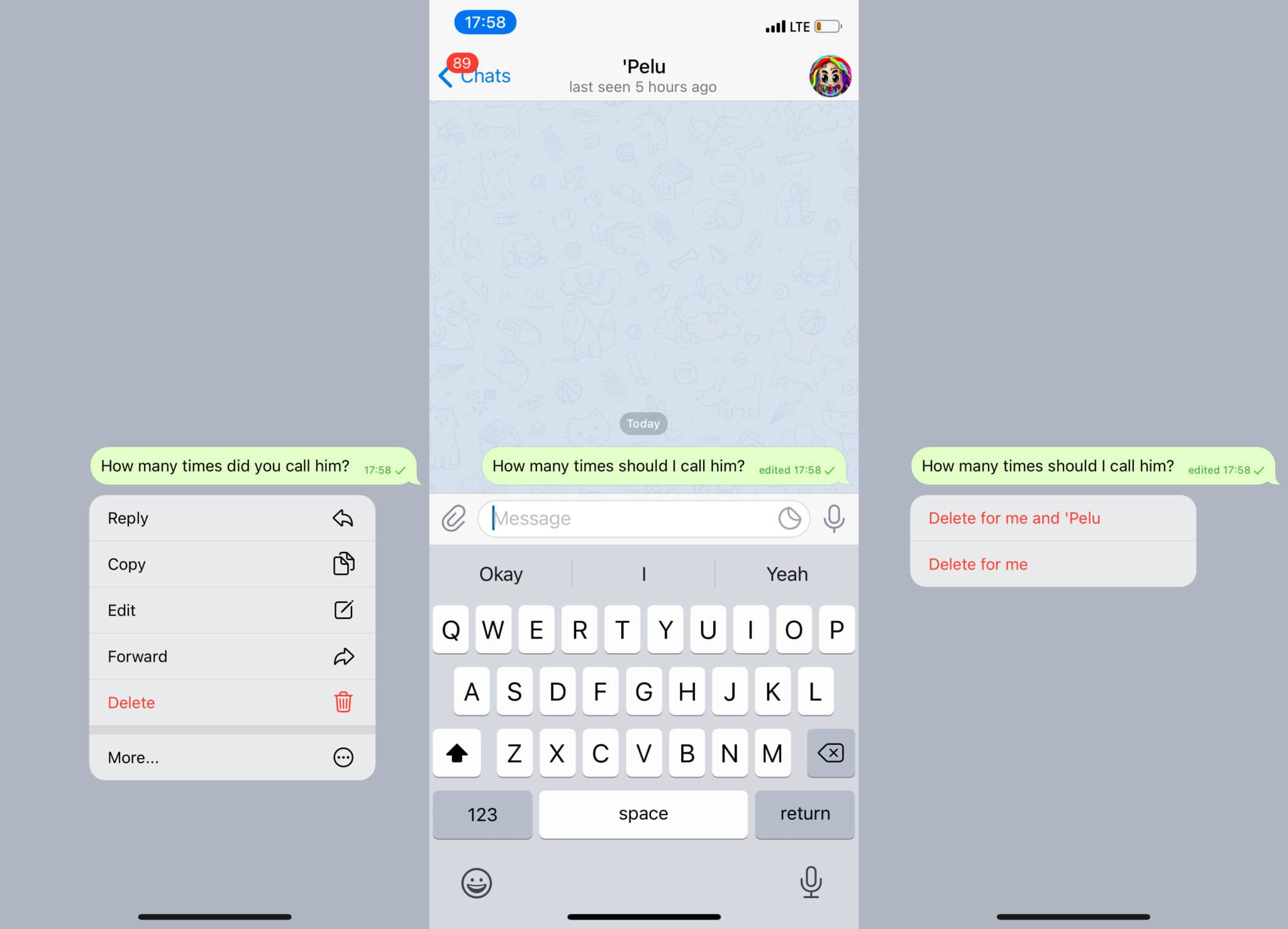 Telegram vs iMessage: Screenshots showing how to edit messages in Telegram