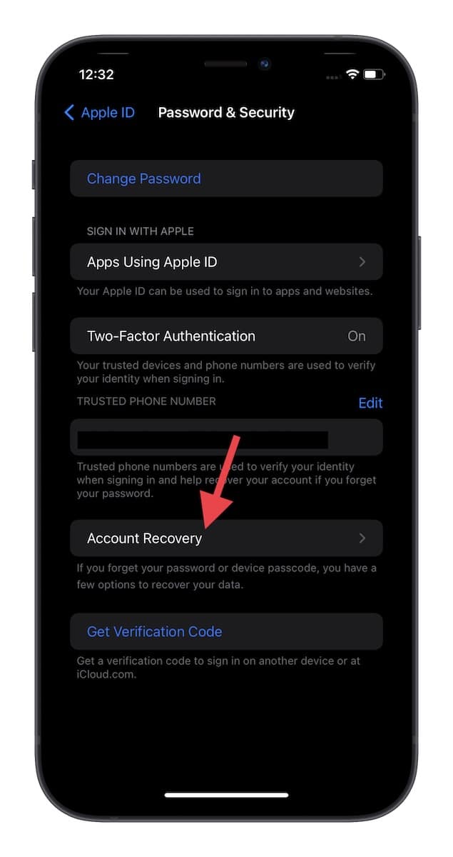 Choose Account Recovery option in ios 15