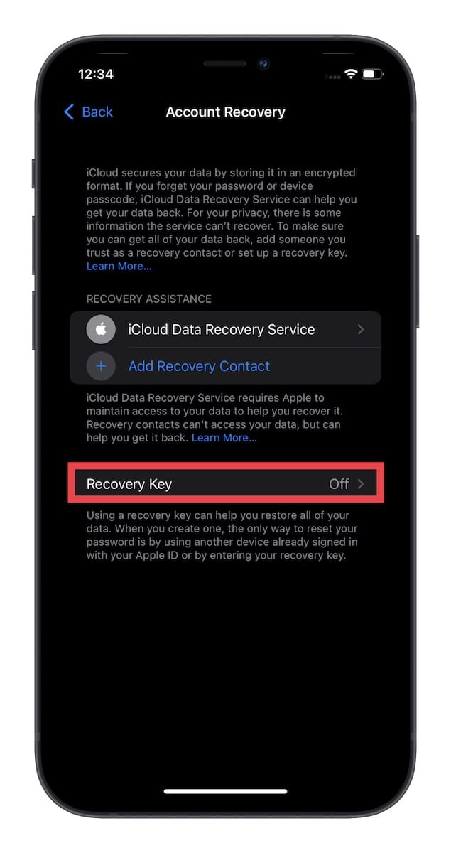 Select Recovery key option in ios 15