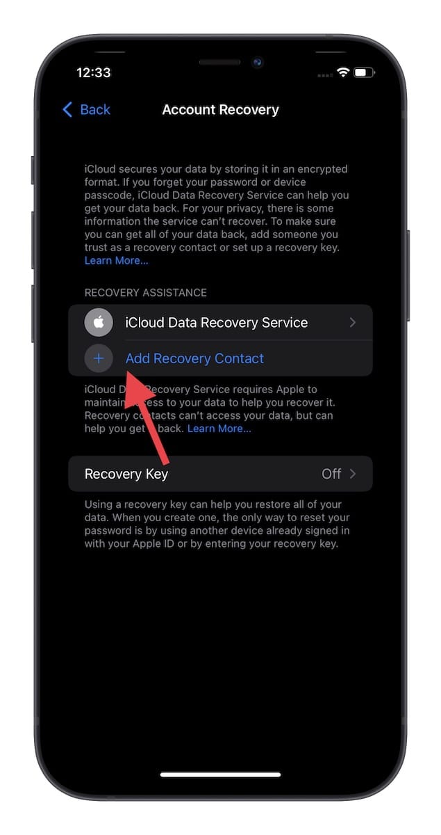 tap on the Add Recovery Contact option