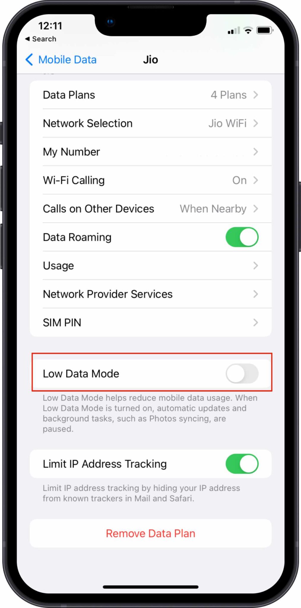 enable low data mode on iPhone