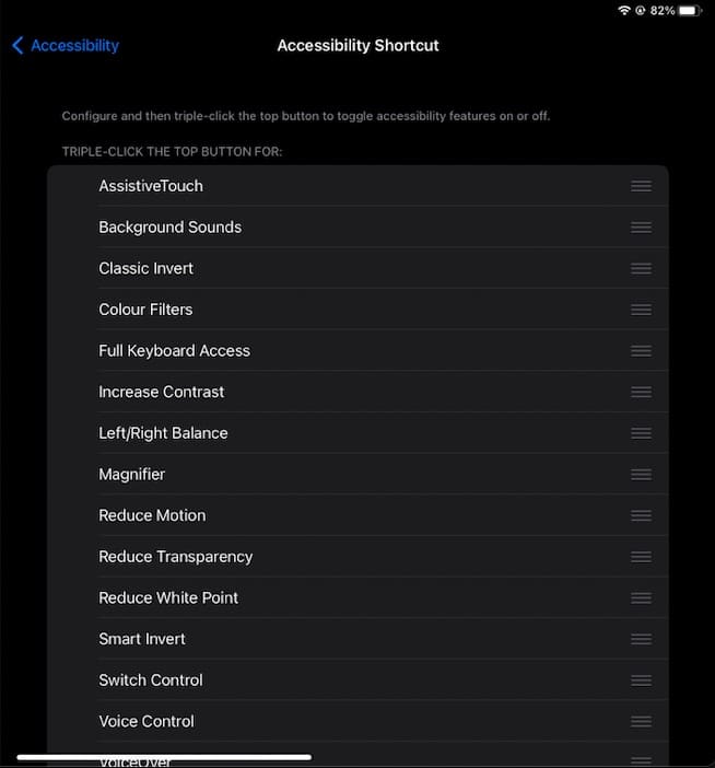 Enable Accessibility shortcut on iPad 