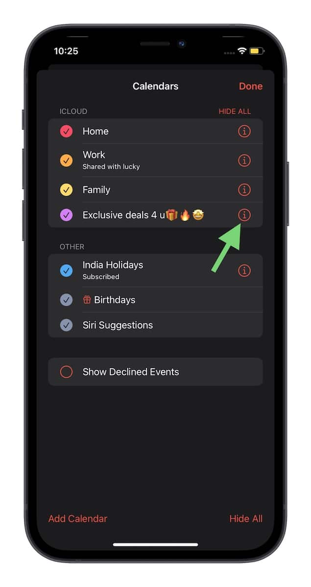 Tap i button next to a calendar in Apple Calendar app on iOS