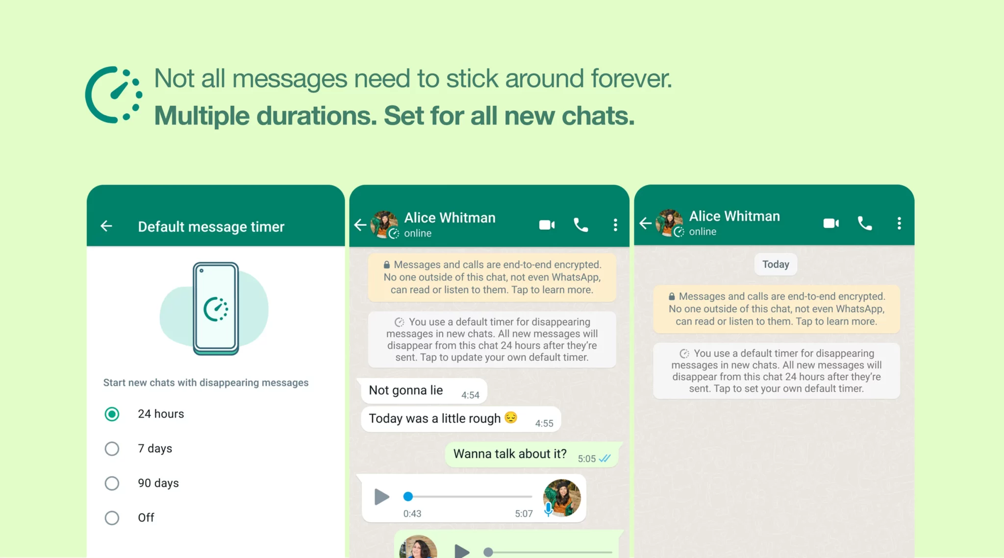 WhatsApp disappearing messages timer options