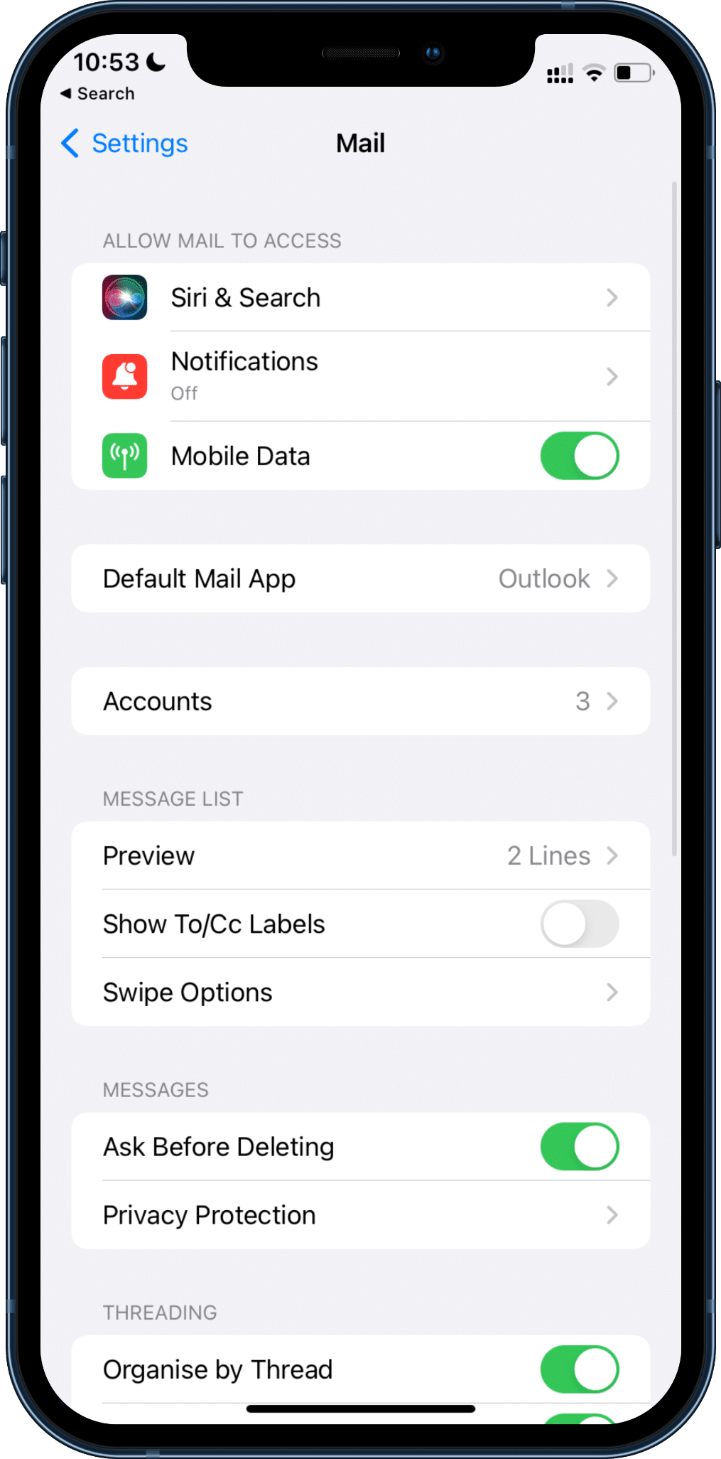 enable mobile data for mail app