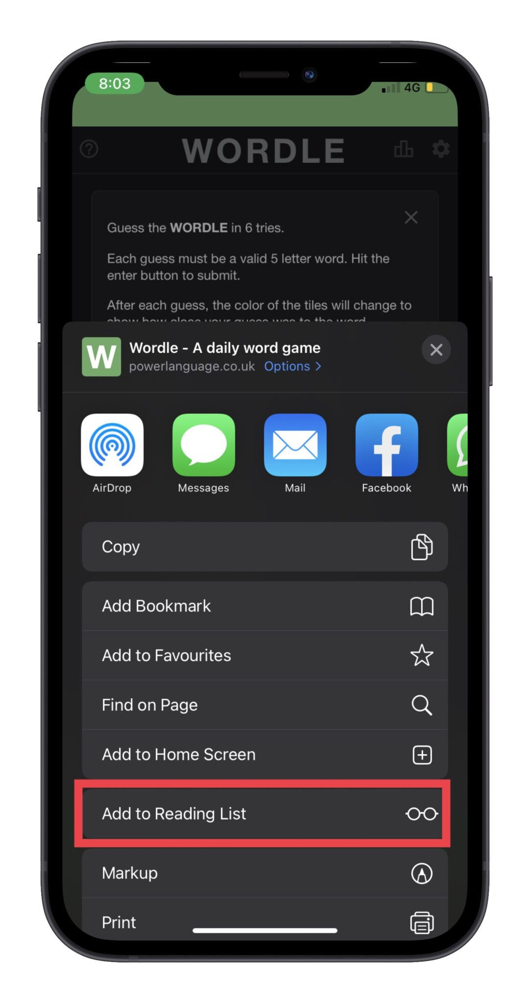 Choose Add to Reading List in Share Sheet on iPhone