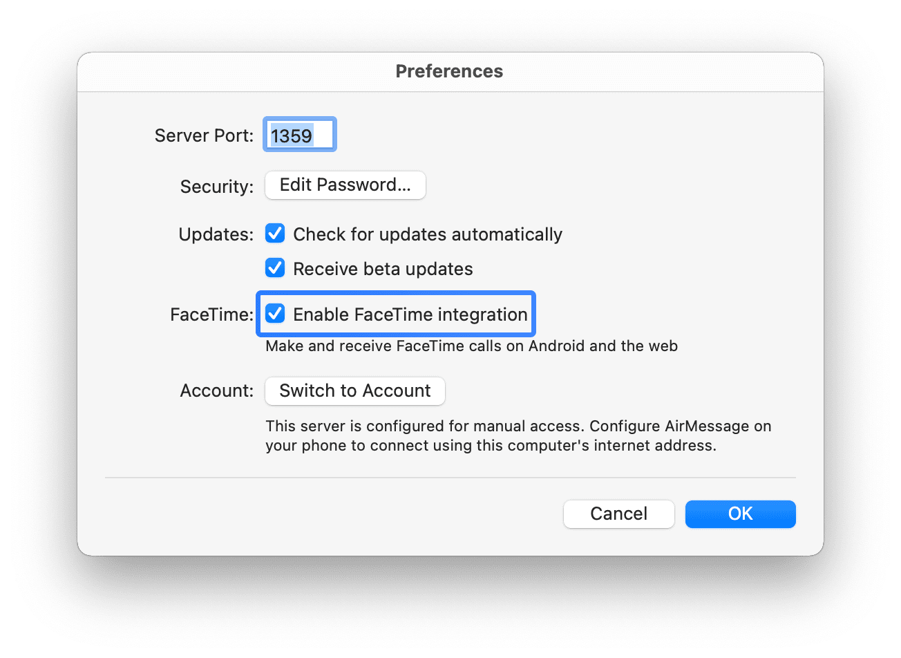 Enable FaceTime integration on AirMessage