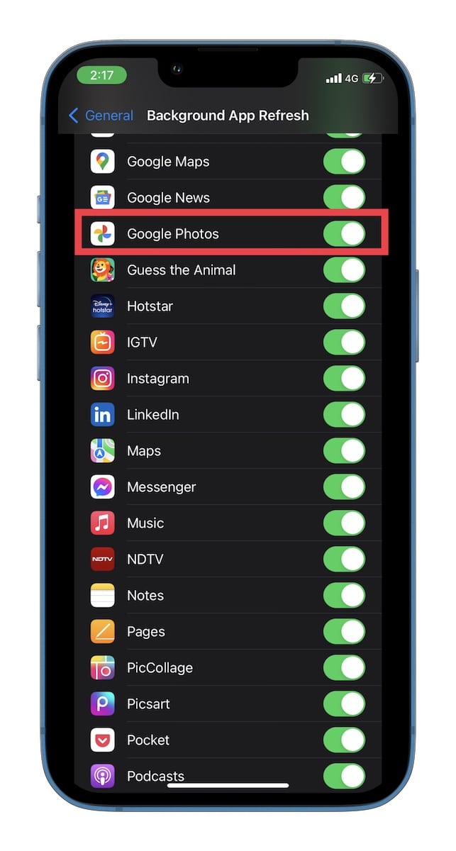 Enable background app refresh for Google Photos for iPhone