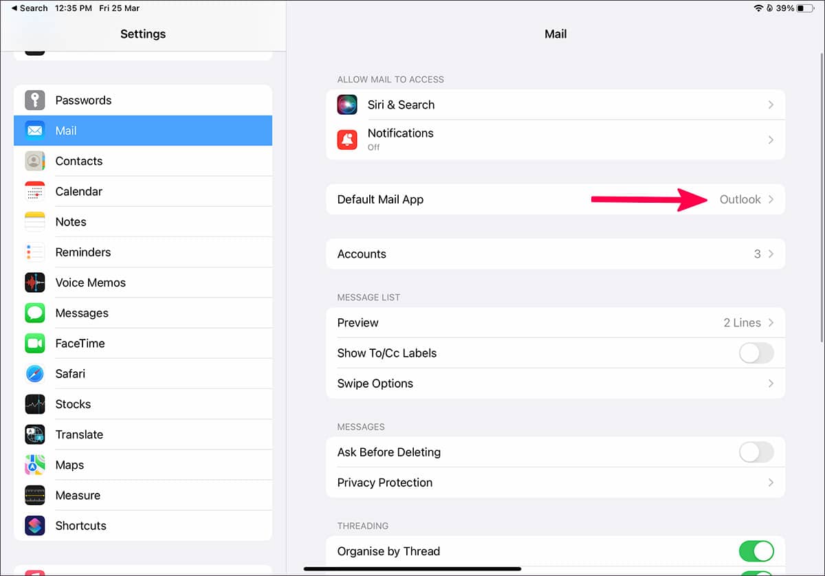 change default mail on iPad Air 5